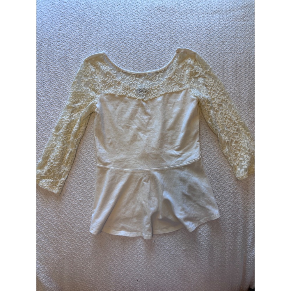 Express Cream Lace Peplum Top Long Sleeve Floral Crochet Scoop Neck Ivory Medium